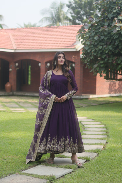 Midnight Purple Faux Blooming Sequins Work Gown