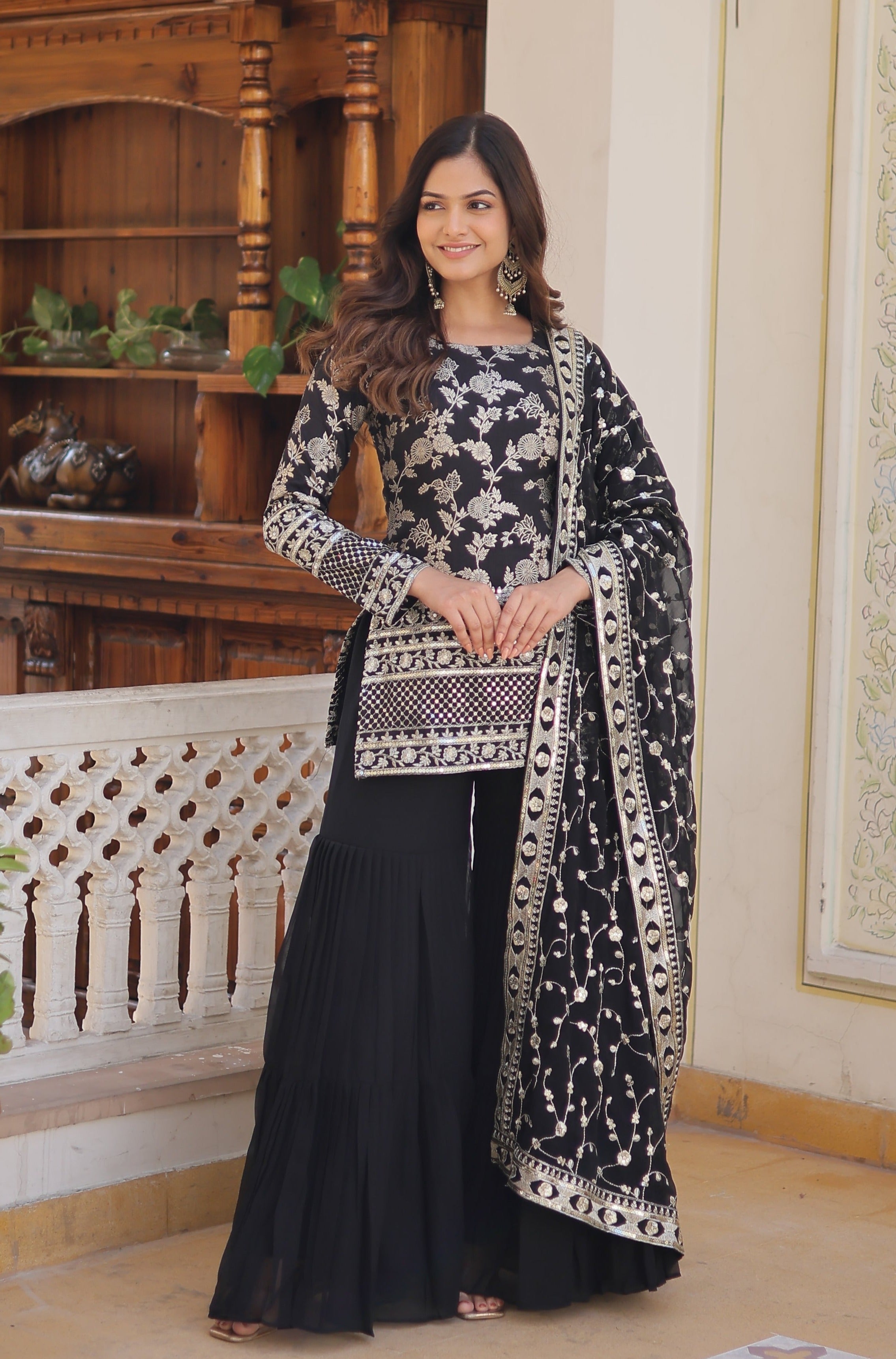 Black Plazzosuit With Embroidery &amp; Sequins Work Dupatta
