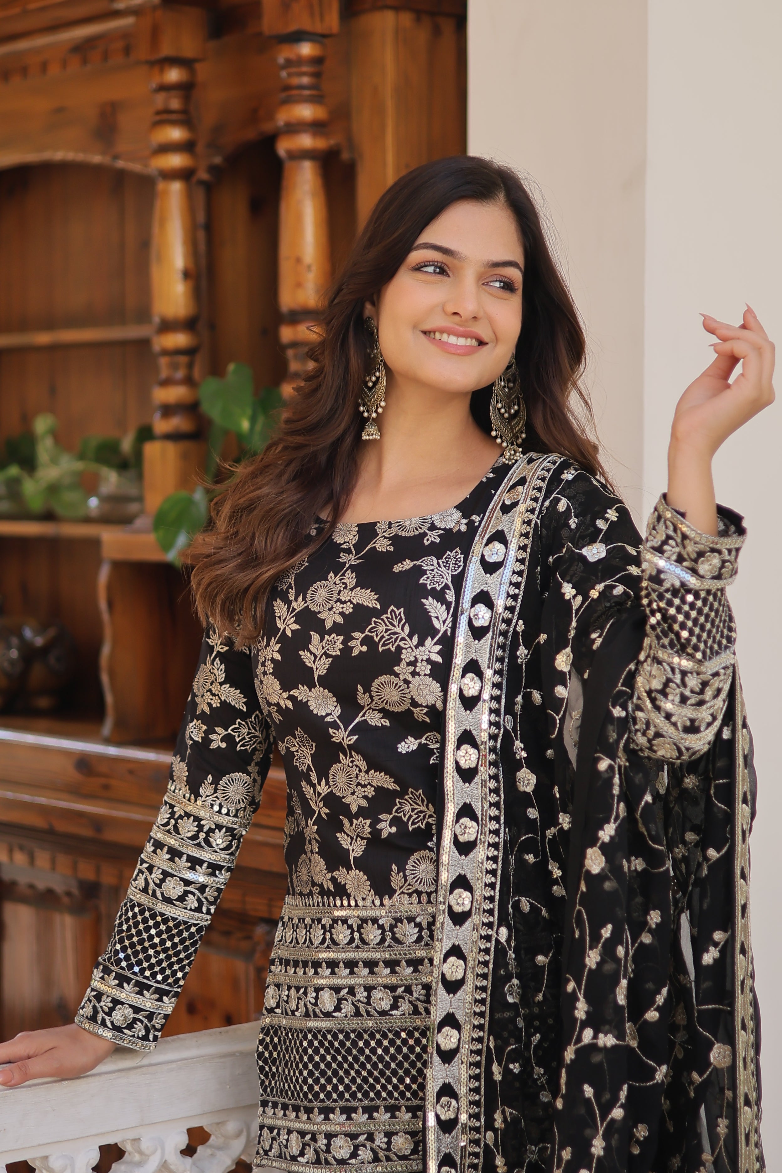 Black Plazzosuit With Embroidery &amp; Sequins Work Dupatta