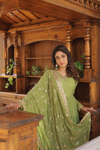 Parrot Green Faux Georgette Gown With Dupatta