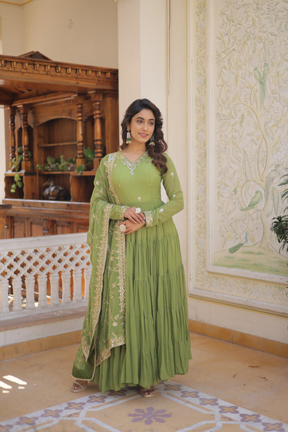 Parrot Green Faux Georgette Gown With Dupatta