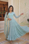 Sky Blue Faux Georgette Embroidered Work Gown