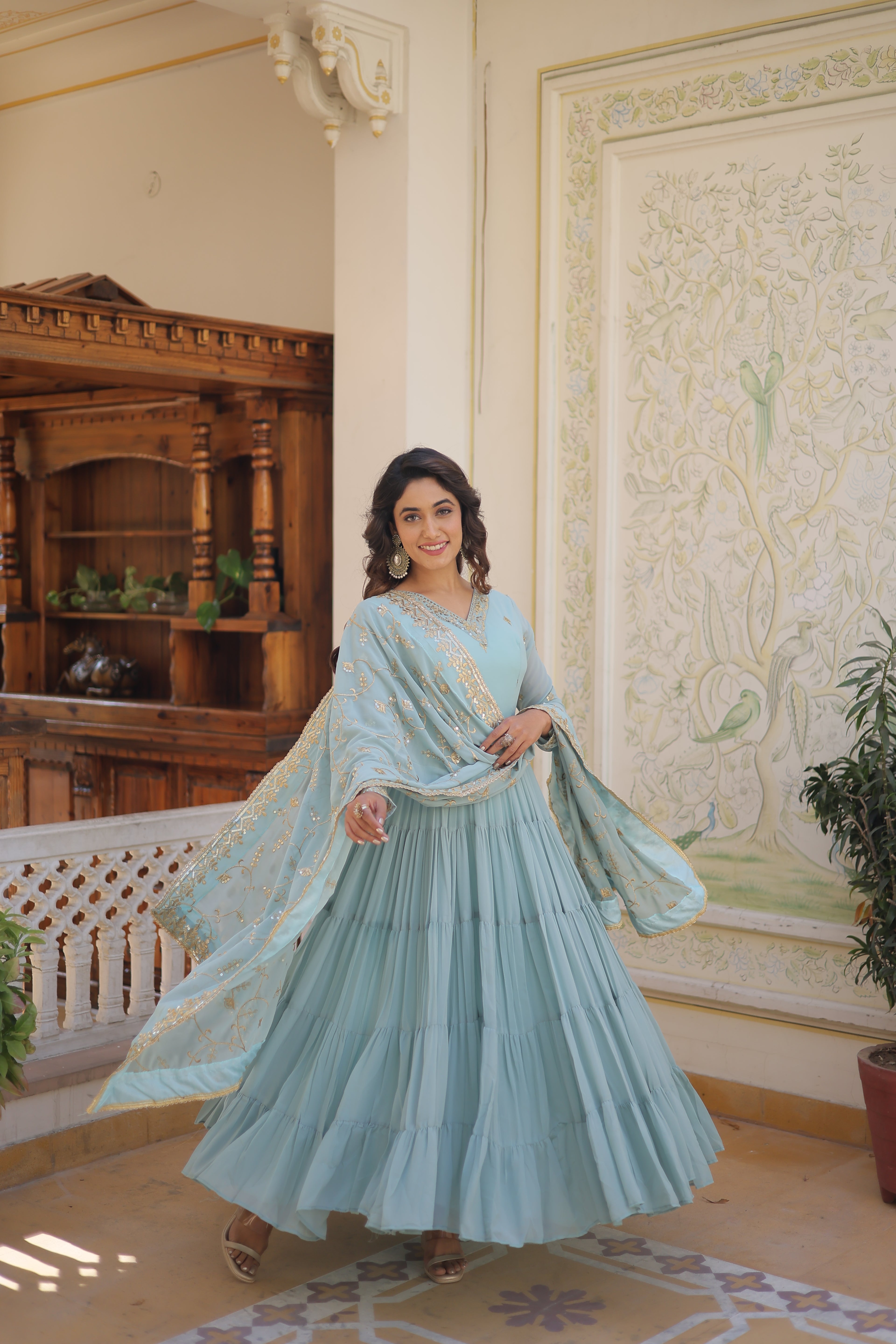 Sky Blue Faux Georgette Embroidered Work Gown