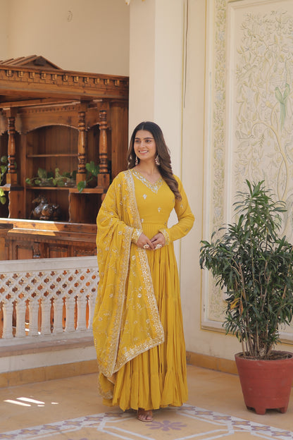 Yellow Faux Georgette Embroidered Work Gown