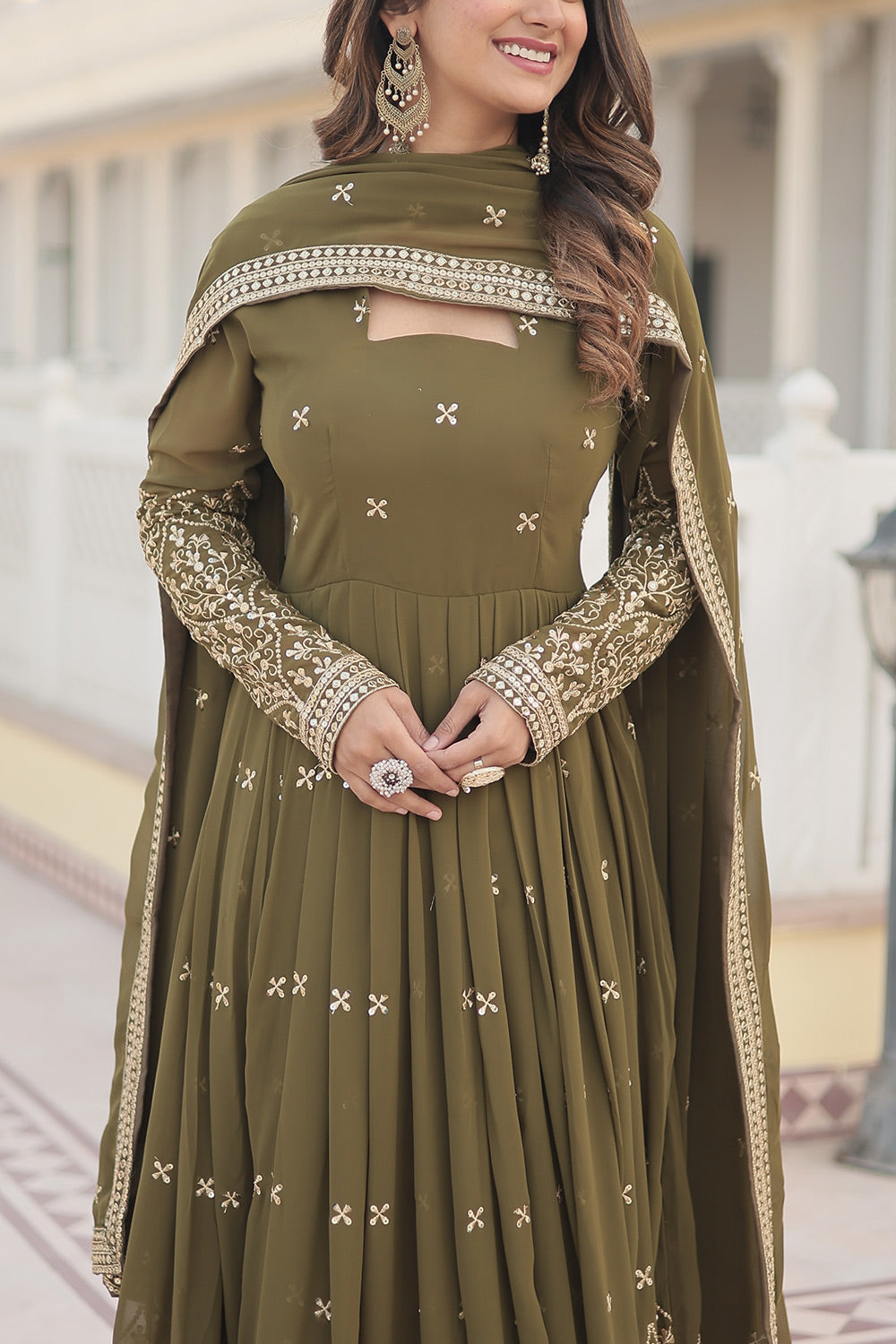 Mehendi Faux Georgette Embroidered Work Gown