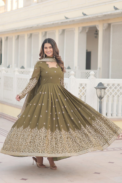 Mehendi Faux Georgette Embroidered Work Gown