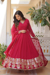 Pink Faux Blooming Gown With Designer Lace Border Dupatta