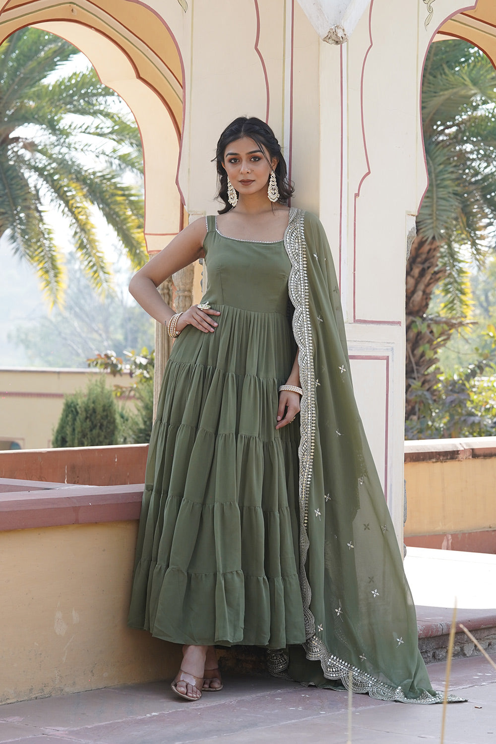 Mehendi Faux Georgette Gown With Embroidered Work Dupatta