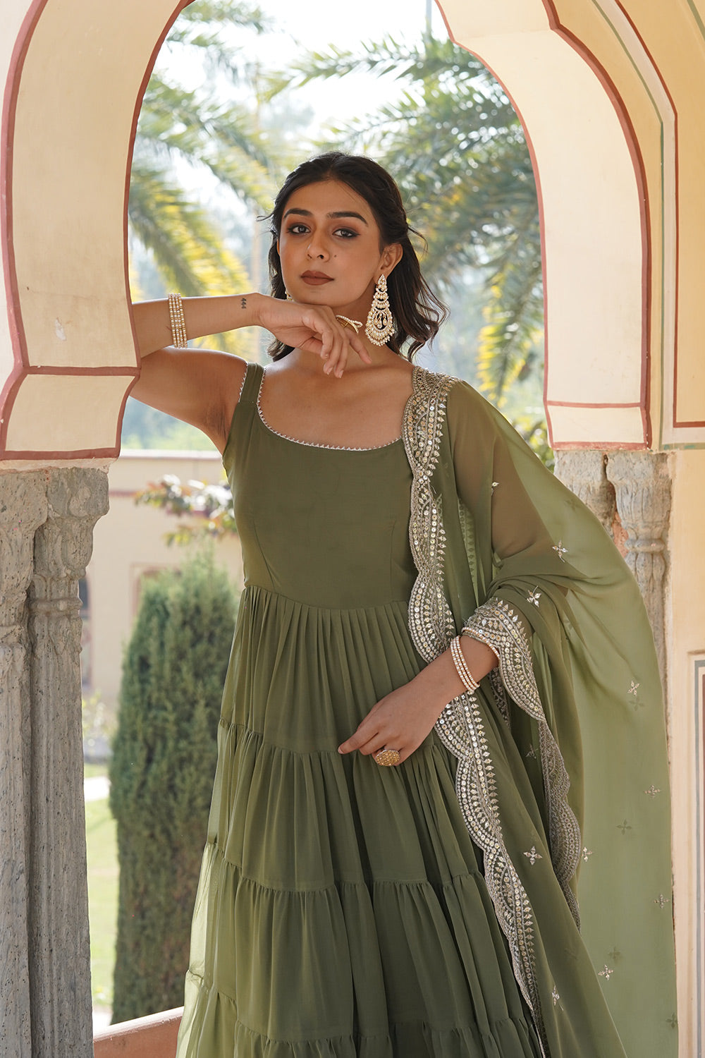 Mehendi Faux Georgette Gown With Embroidered Work Dupatta