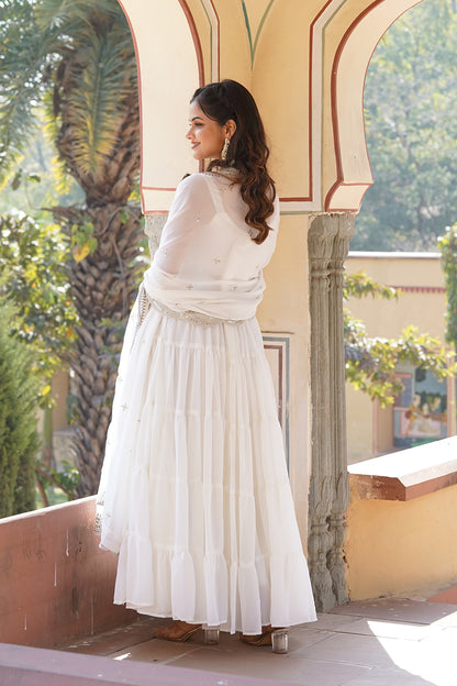 White Faux Georgette Gown With Embroidery Work Dupatta