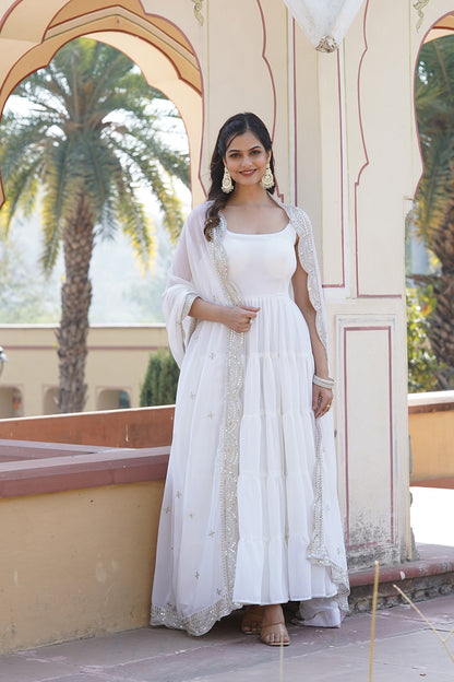 White Faux Georgette Gown With Embroidery Work Dupatta
