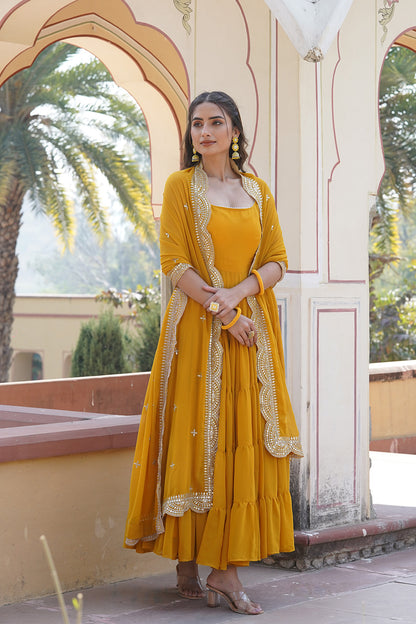 Yellow Faux Gown Georgette With Sequins Work Dupatta