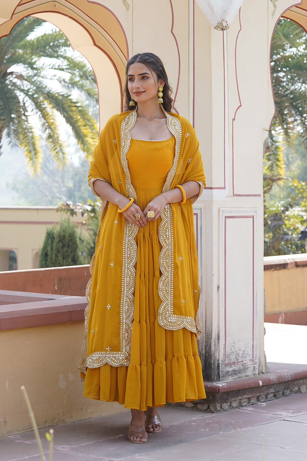 Yellow Faux Gown Georgette With Sequins Work Dupatta