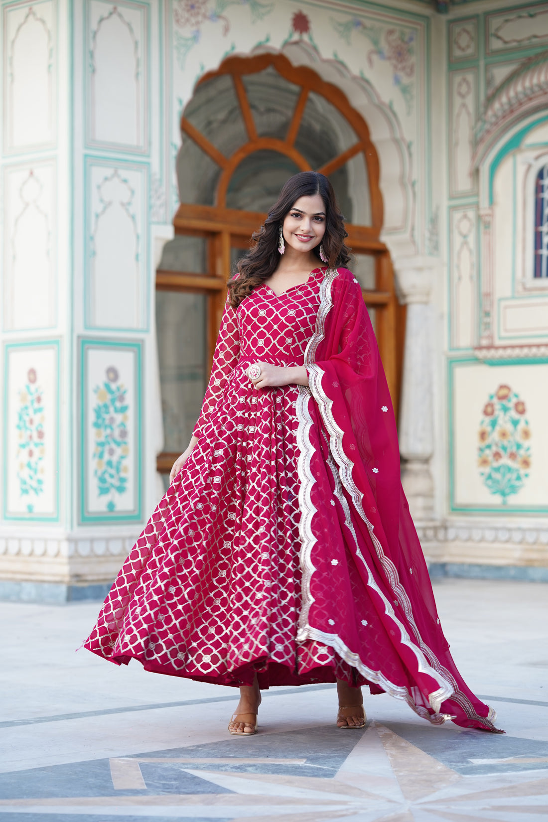Rani Faux Blooming Gown With Embroidery Work Dupatta