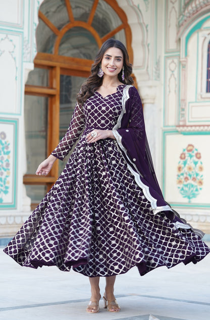 Wine Faux Blooming Gown With Embroidery Work Dupatta