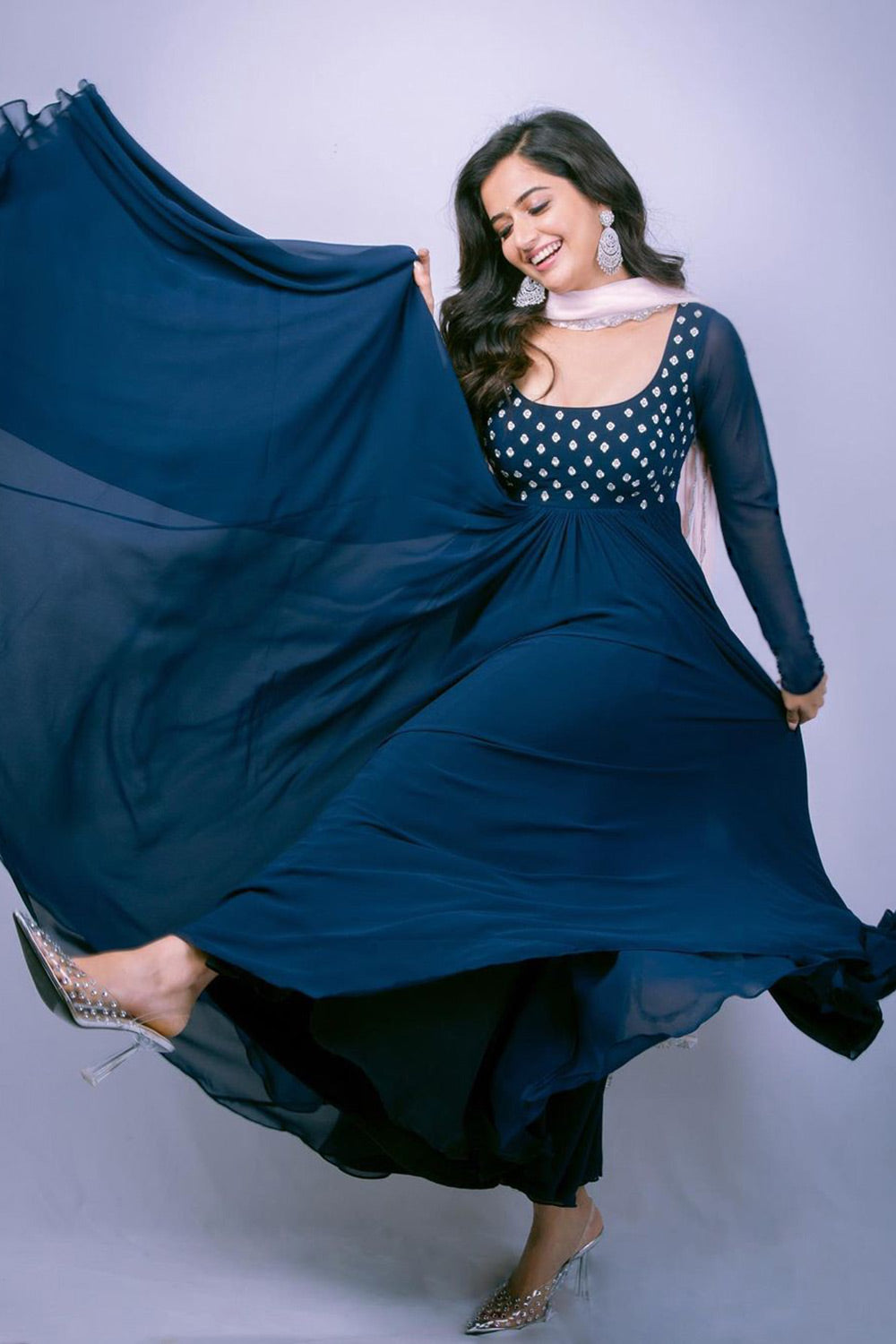 Designer Navy Blue Faux Blooming Embroidery Gown With Dupatta