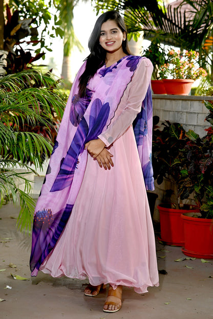 Pastel Pink Tebby Silk Rich Printed Gown With Flower Printed Dupatta