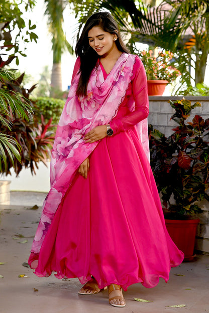 Rani Pink Tebby Silk Rich Printed Gown With Flower Printed Dupatta
