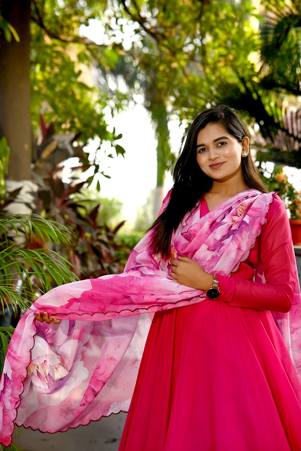 Rani Pink Tebby Silk Rich Printed Gown With Flower Printed Dupatta
