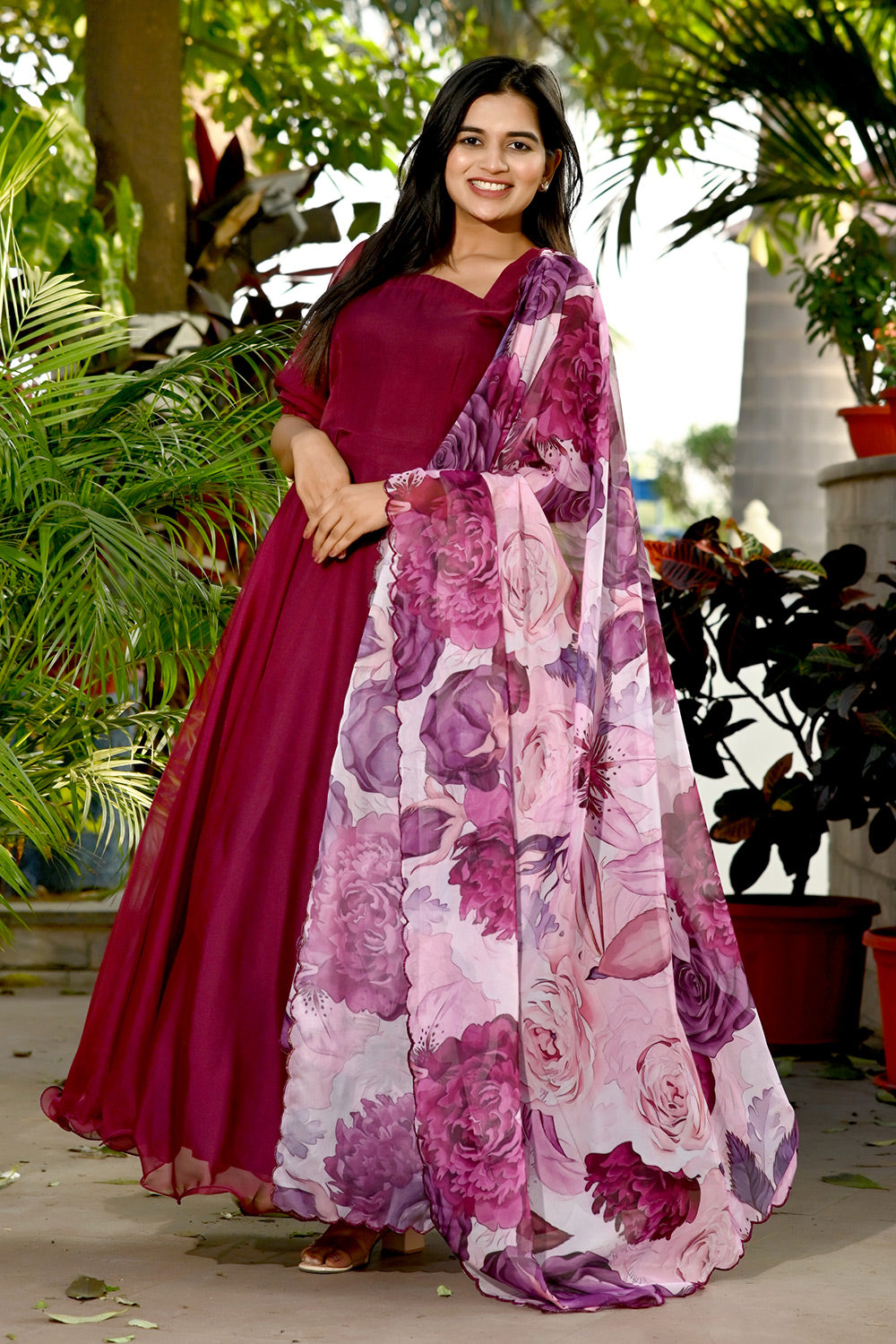 Wine Tebby Silk Rich Printed Gown With Flower Printed Dupatta