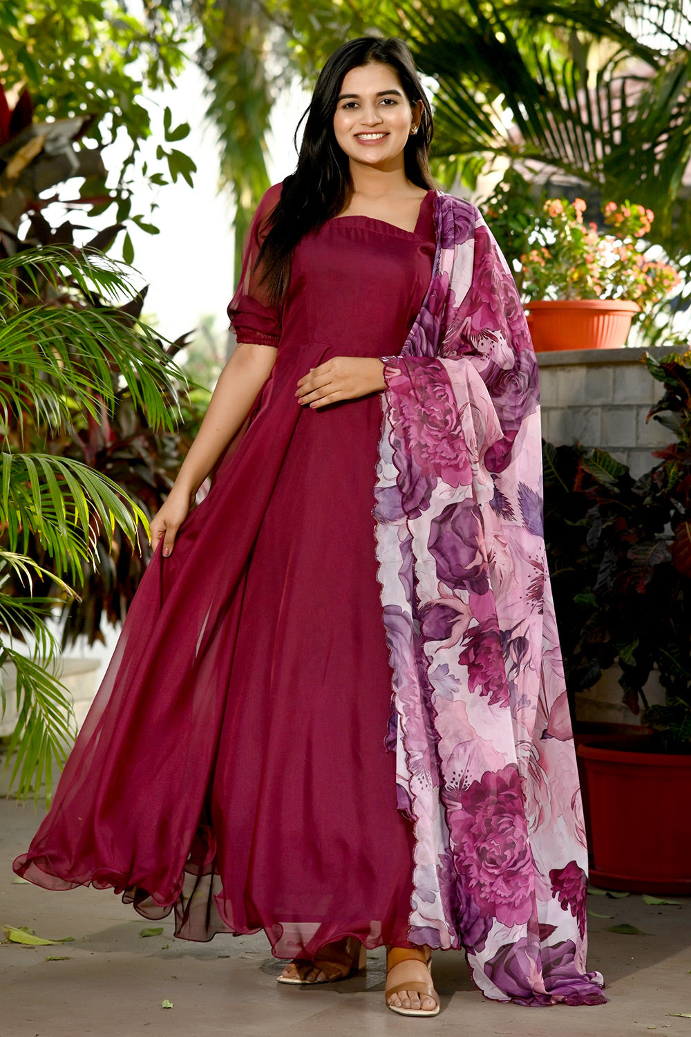 Wine Tebby Silk Rich Printed Gown With Flower Printed Dupatta