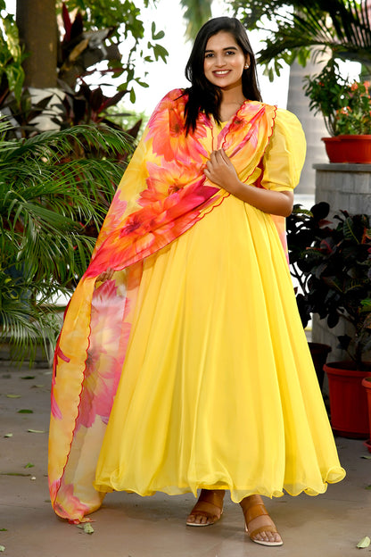 Yellow Tebby Silk Rich Printed Gown With Flower Printed Dupatta