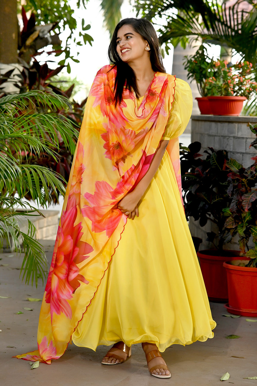 Yellow Tebby Silk Rich Printed Gown With Flower Printed Dupatta