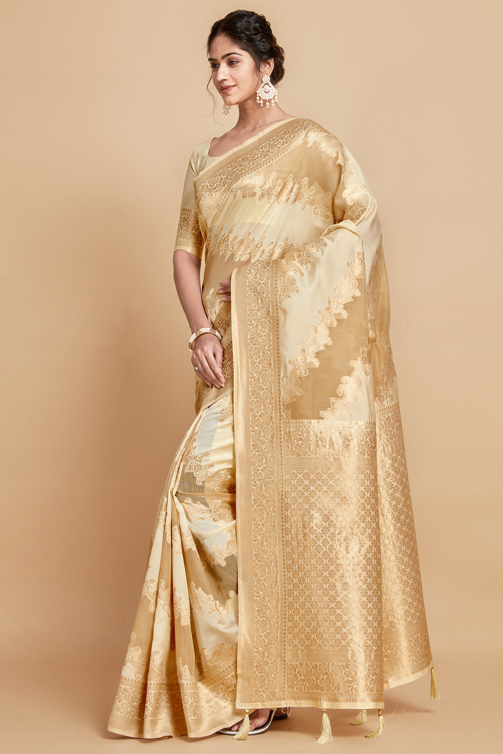 Beige Linen &amp; Silk Saree With Weaving Work
