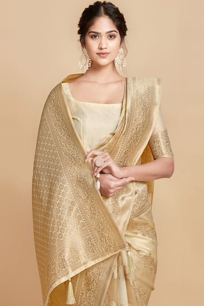 Beige Linen &amp; Silk Saree With Weaving Work