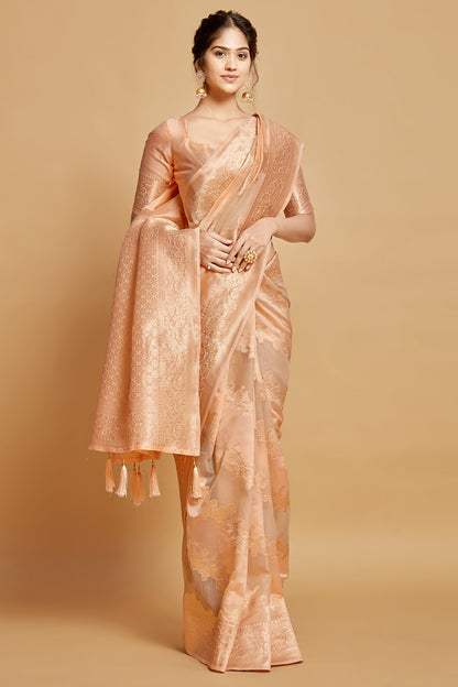 Peach Linen Silk Saree With Weaving Work