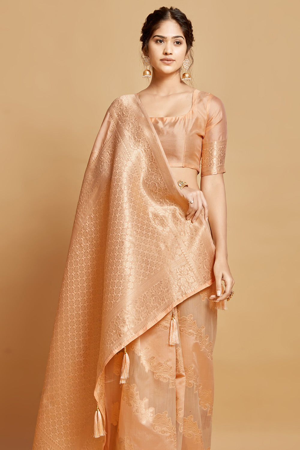 Peach Linen Silk Saree With Weaving Work