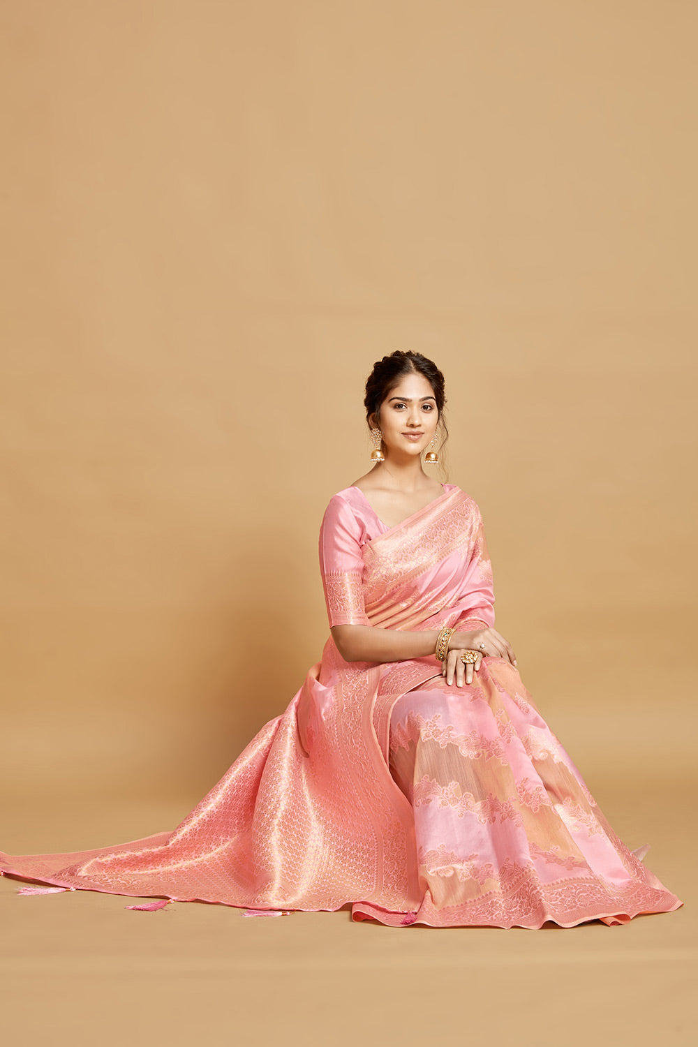 Pink Linen &amp; Silk Saree With Weaving Work
