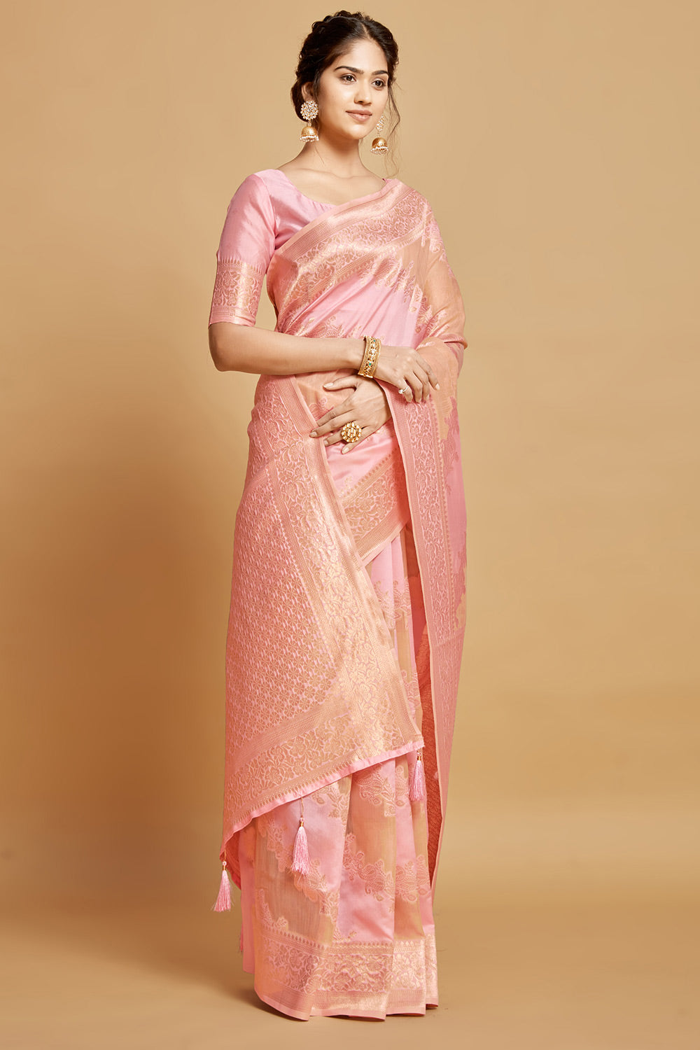 Pink Linen &amp; Silk Saree With Weaving Work