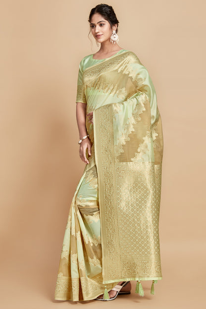 Pista Green Linen &amp; Silk Saree With Weaving Work