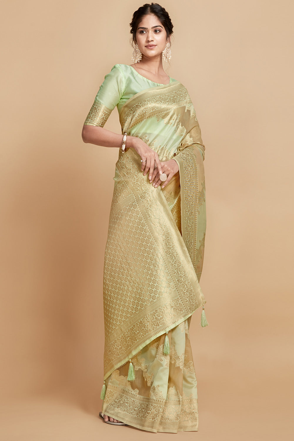 Pista Green Linen &amp; Silk Saree With Weaving Work