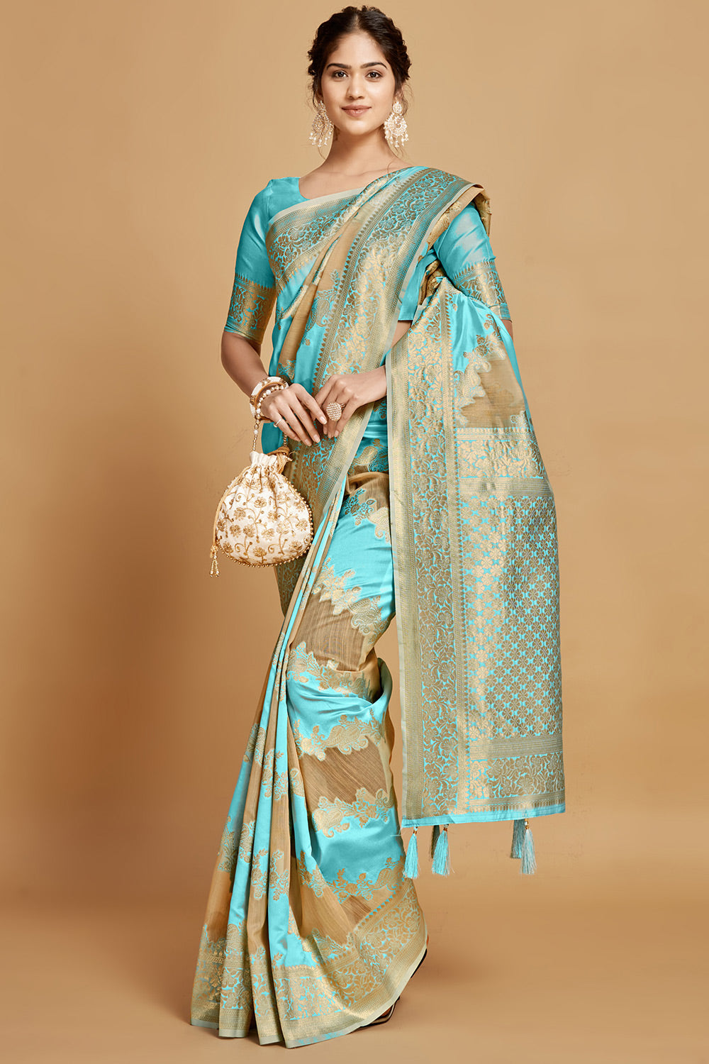 Sky Blue Linen &amp; Silk Saree With Weaving Work