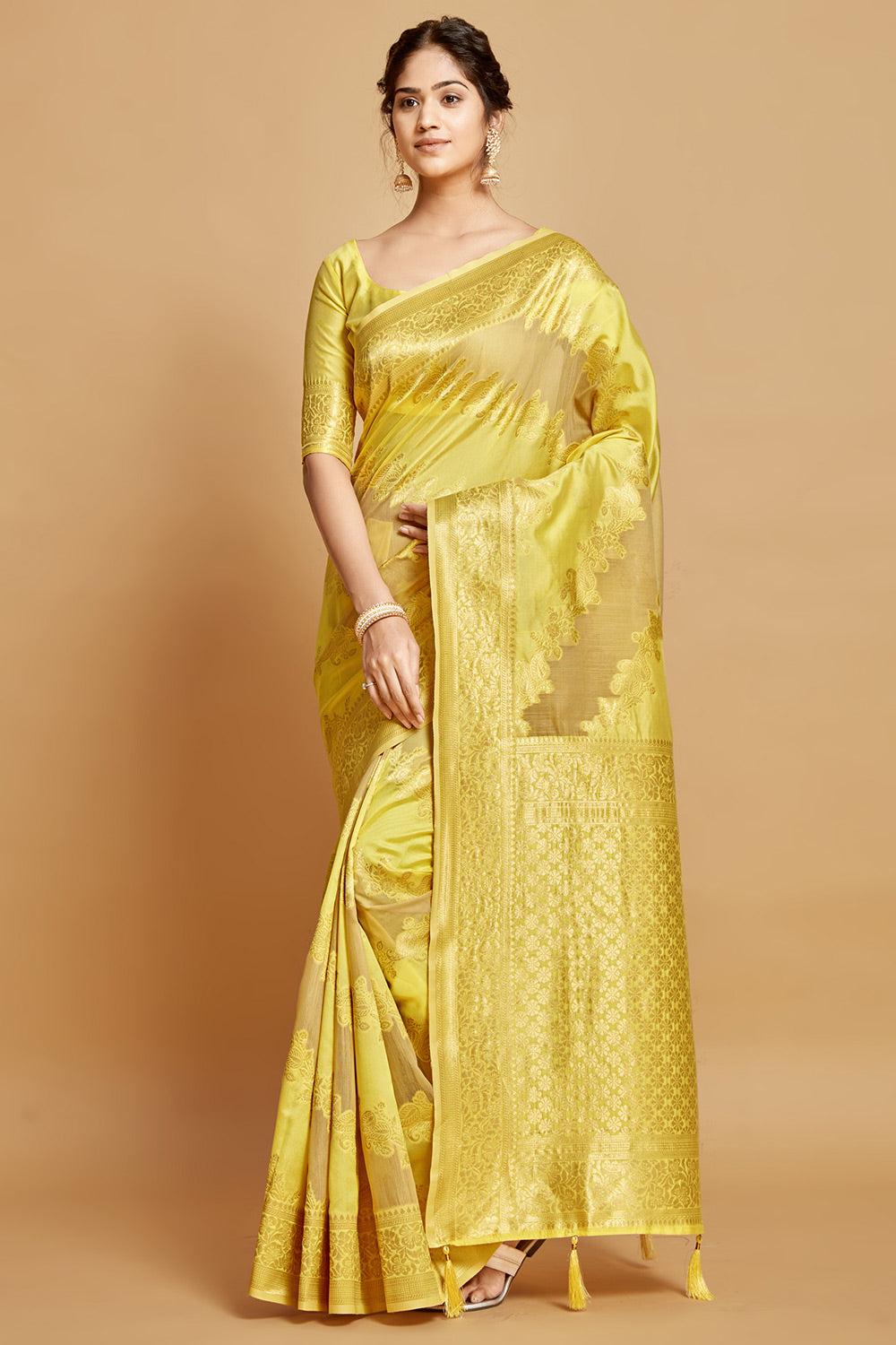Yellow Linen &amp; Silk Saree With Weaving Work