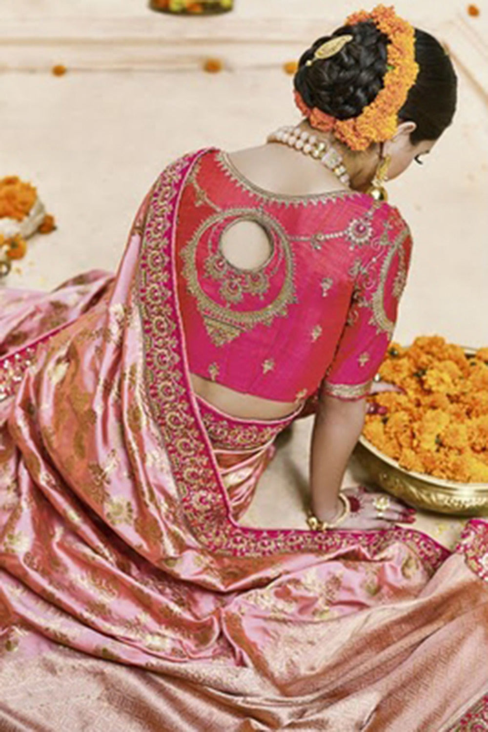 Peach Kanjivaram Silk Saree With Embroidery Border