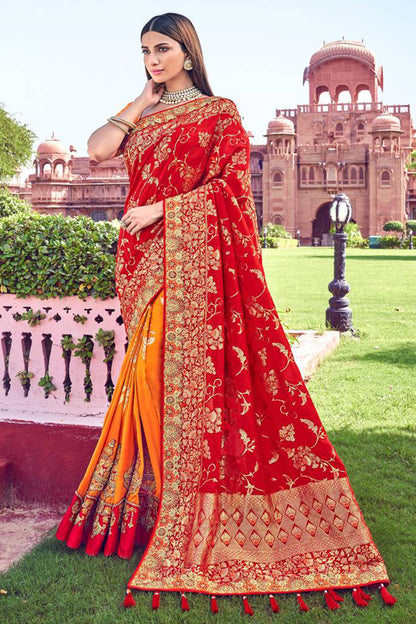 Red &amp; Orange Banarasi Silk Saree With Embroidery Work