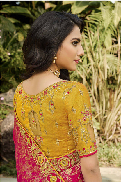 Pink &amp; Yellow  Banarasi Silk Saree With Embroidery Work
