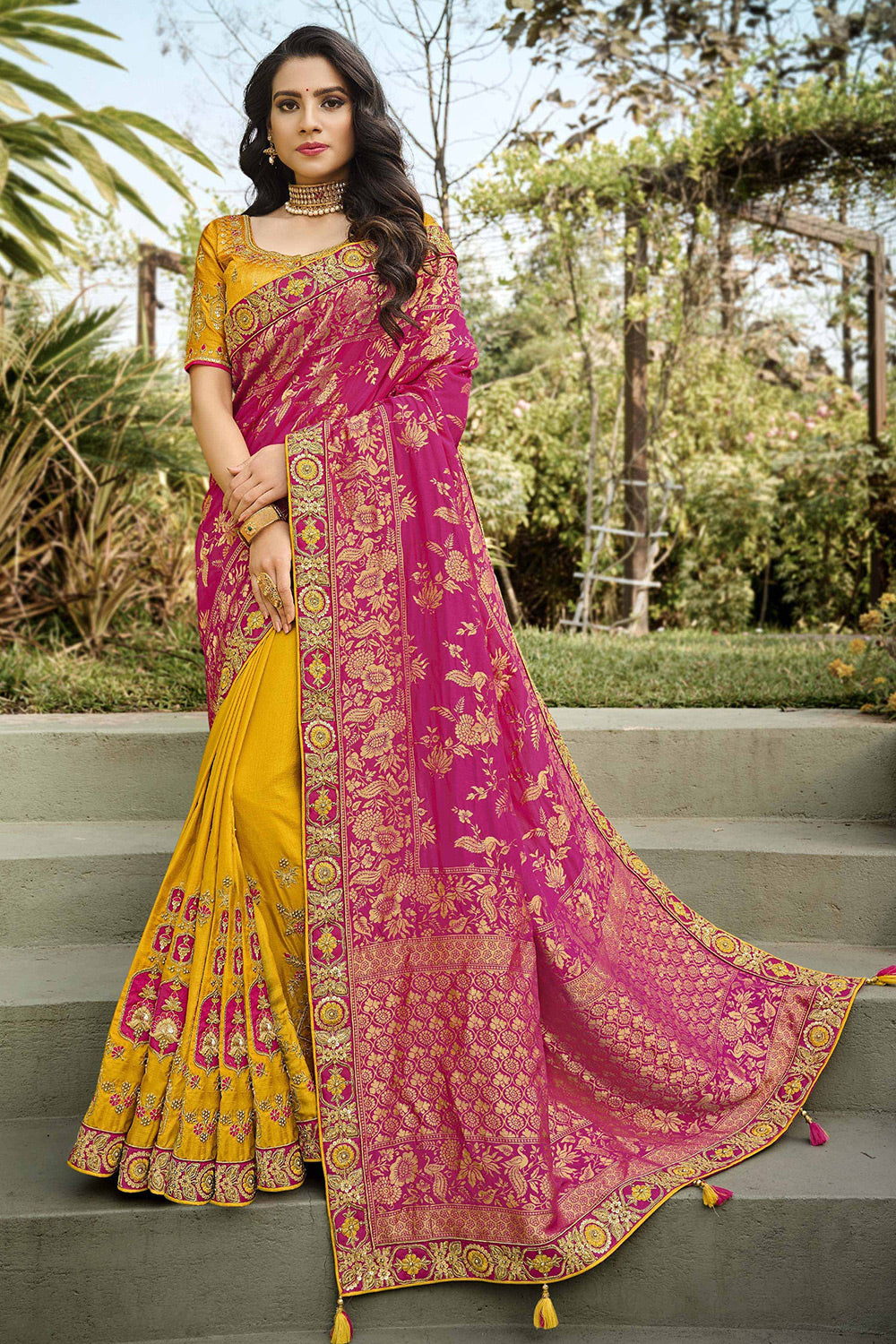 Pink &amp; Yellow  Banarasi Silk Saree With Embroidery Work