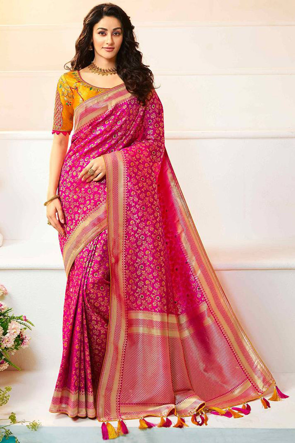 Rani Pink Silk Saree With Zari Weaving Work