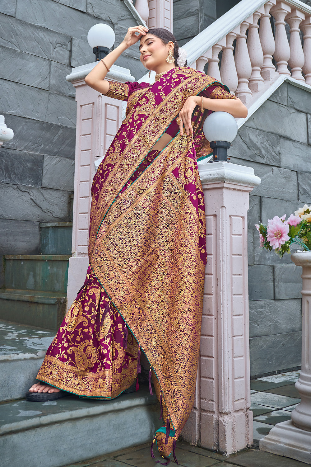 Magenta Banarasi Silk Saree With Zari Weaving