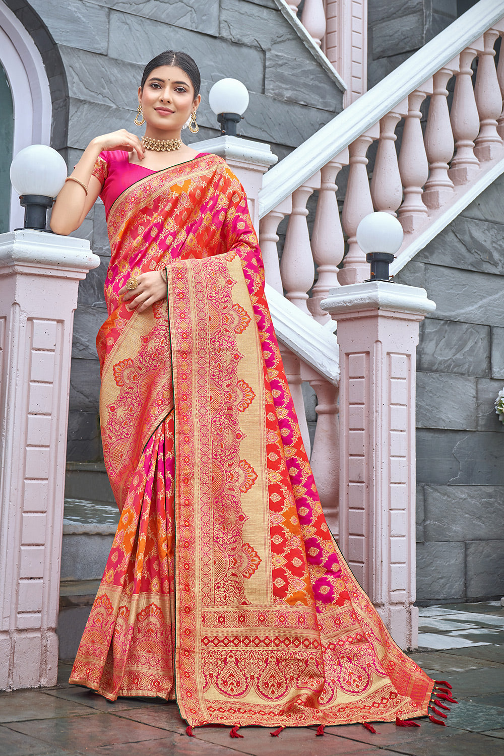 Red &amp; Pink Banarasi Silk Saree With Zari Weaving