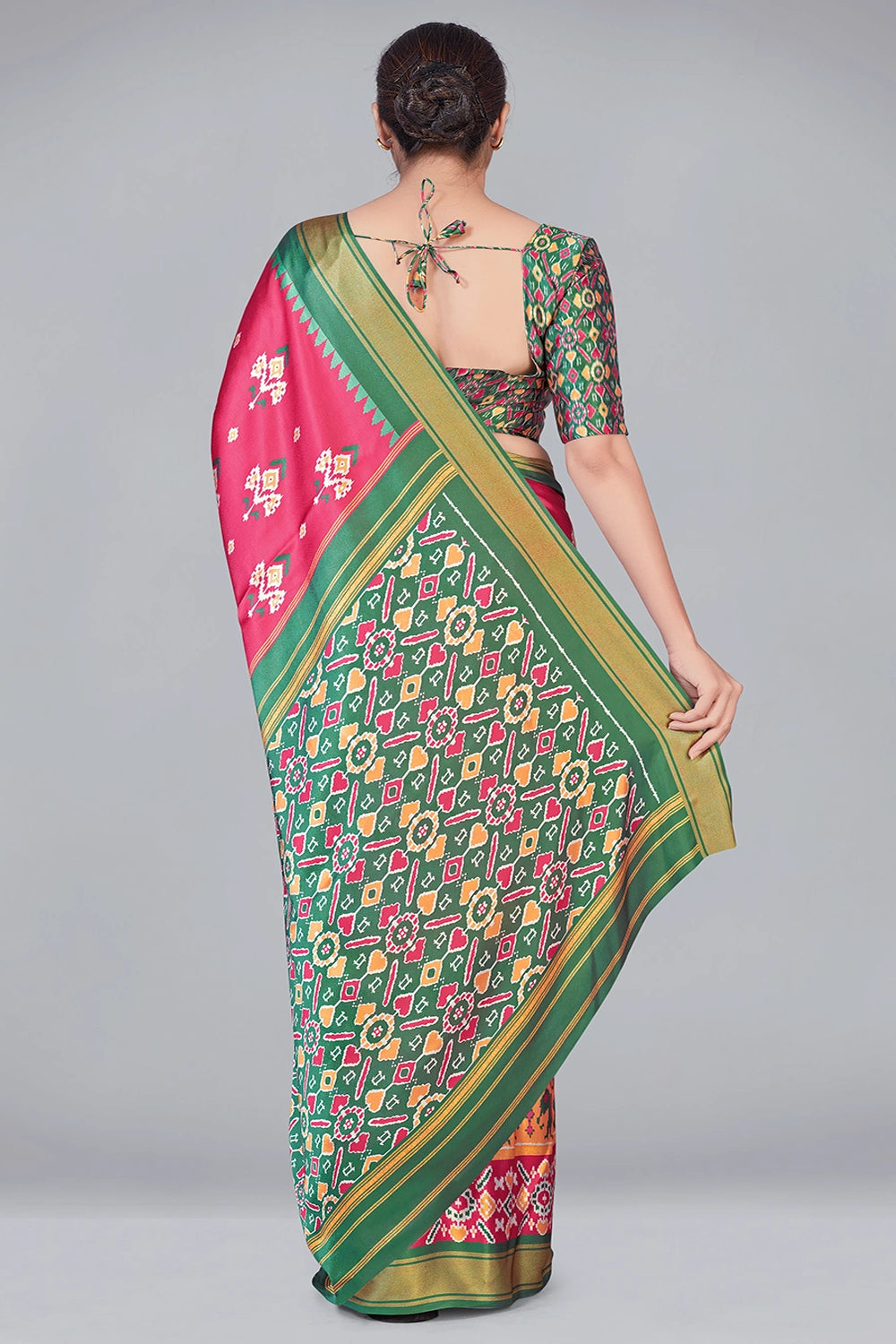 Pink &amp; Green Patola Silk With Digital Printed Saree