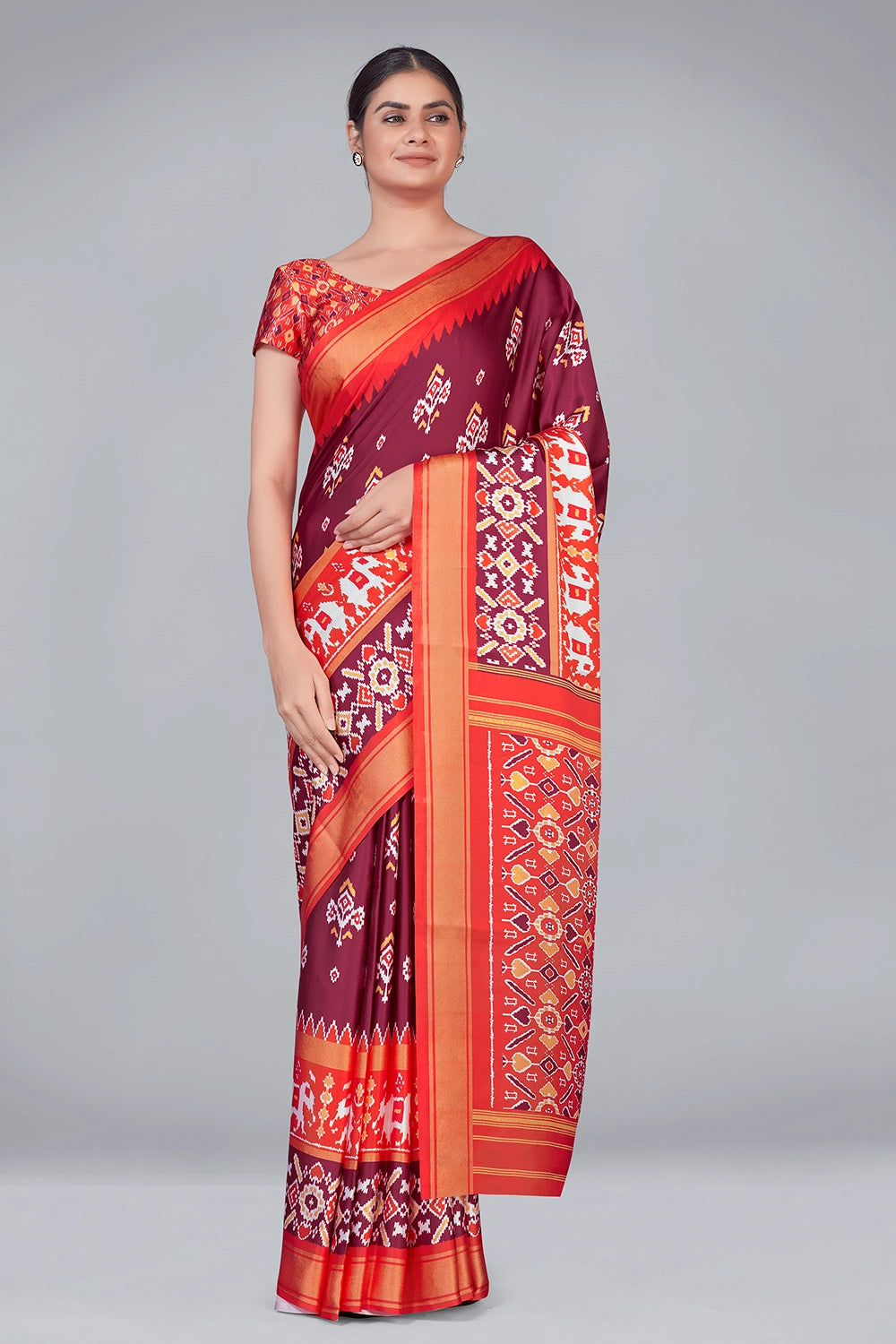 Maroon Patola Silk With Digital Printed Saree