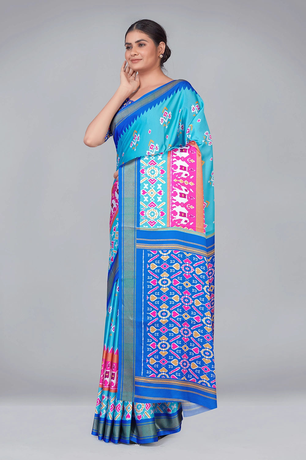 Sky Blue Patola Silk With Digital Printed Saree