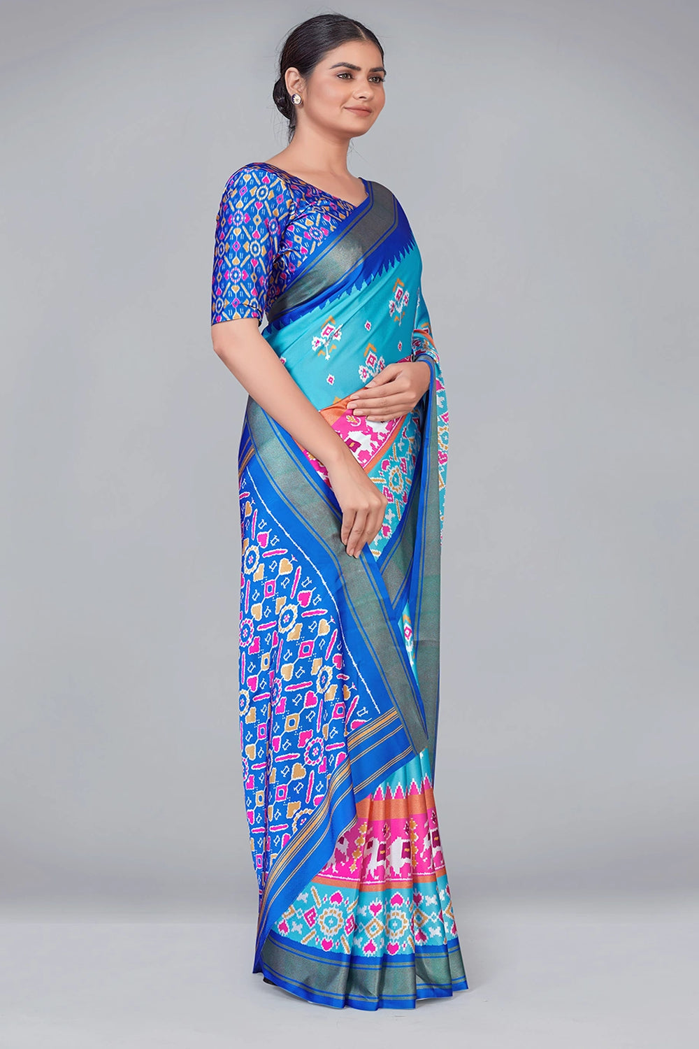 Sky Blue Patola Silk With Digital Printed Saree