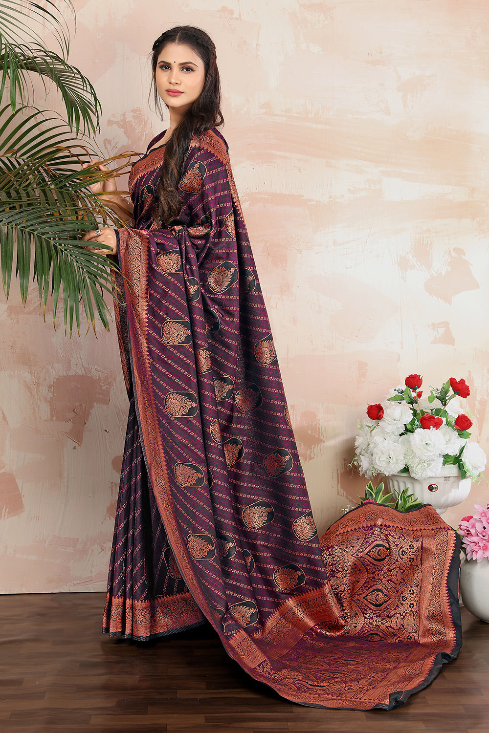 Dark Maroon Banarasi Saree With Zari Weaving Work