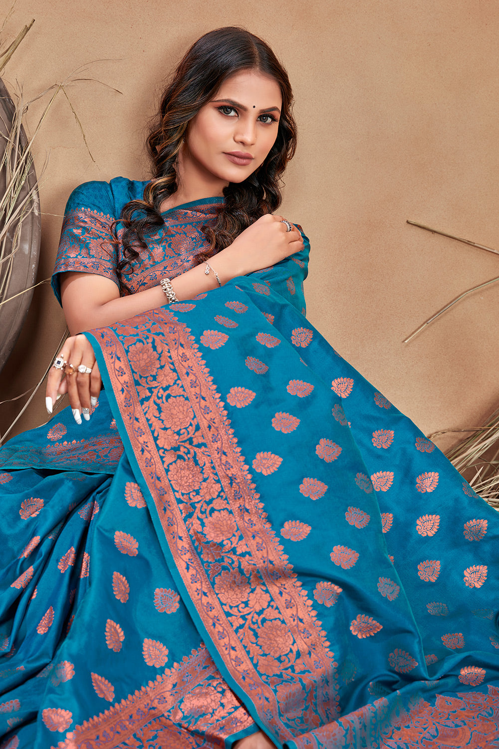 Rama Blue Banarasi Silk Saree With Zari Weaving